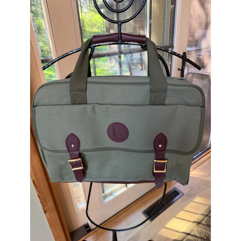 Lulu Canvas Messenger Laptop Bag Olive Green Burgundy Gold Buckle Briefcase